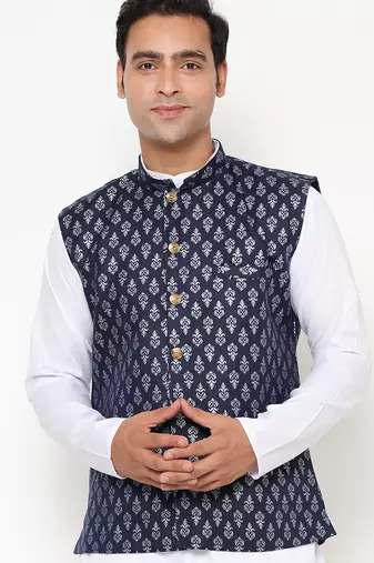 Elegant navy blue nehru jacket with golden floral motif accents.