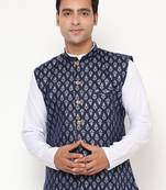 navy blue nehru jacket with golden floral motif accents.