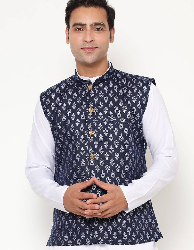 Elegant navy blue nehru jacket with golden floral motif accents.