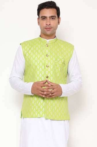 Elegant green nehru jacket with golden floral motif accents.