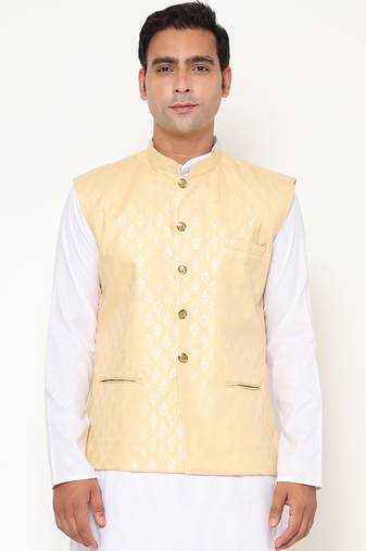 Elegant yellow nehru jacket with golden floral motif accents.