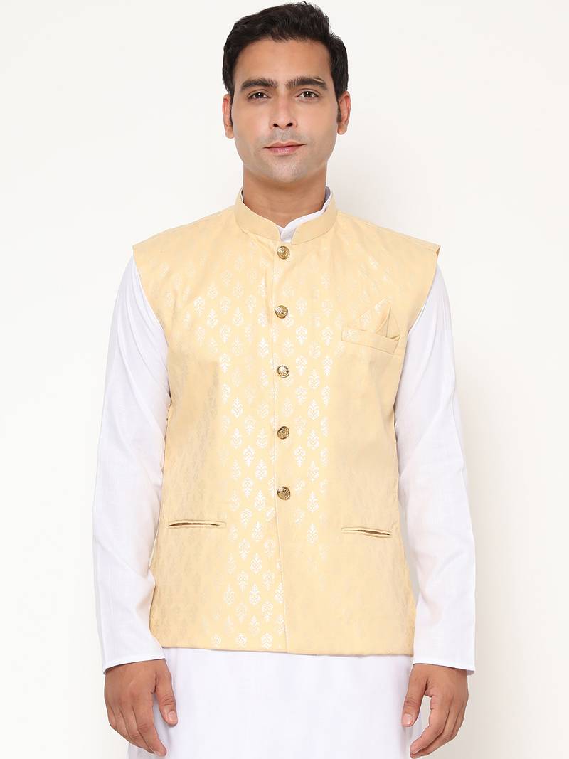 Elegant yellow nehru jacket with golden floral motif accents.