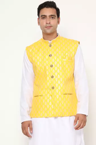 Elegant lemin yellow nehru jacket with golden floral motif accents.