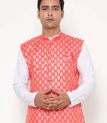 peach nehru jacket with golden floral motif accents.
