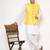 Elegant lemin yellow nehru jacket with golden floral motif accents.