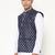 Elegant navy blue nehru jacket with golden floral motif accents.