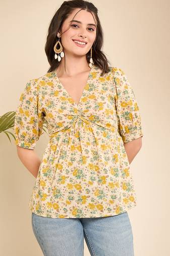 Yellow Cotton floral empire waist top