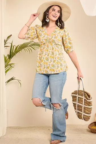 Yellow Cotton floral empire waist top