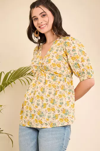 Yellow Cotton floral empire waist top