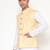 Elegant yellow nehru jacket with golden floral motif accents.