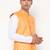 Elegant orange nehru jacket with golden floral motif accents.