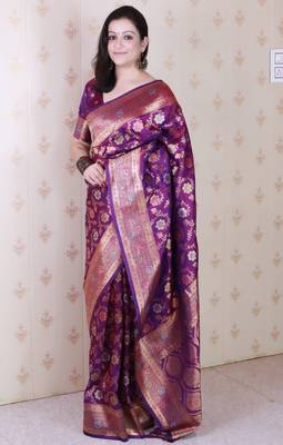 wine banarasi jaal silk blend gold zari meenakari woven saree 1