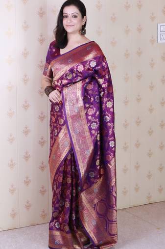 wine banarasi jaal silk blend gold zari meenakari woven saree