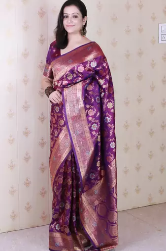 wine banarasi jaal silk blend gold zari meenakari woven saree