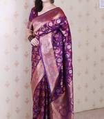 wine banarasi jaal silk blend gold zari meenakari woven saree