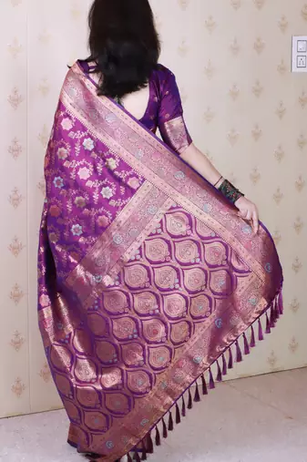 wine banarasi jaal silk blend gold zari meenakari woven saree