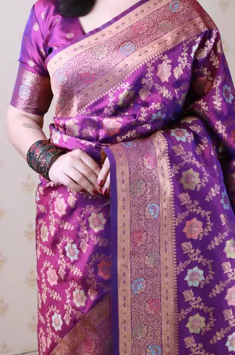 wine banarasi jaal silk blend gold zari meenakari woven saree
