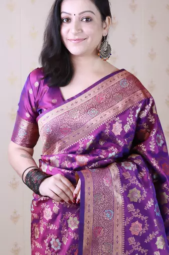 wine banarasi jaal silk blend gold zari meenakari woven saree