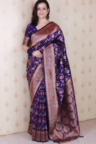 violet banarasi jaal silk blend gold zari meenakari woven saree