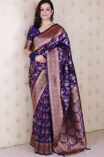 violet banarasi jaal silk blend gold zari meenakari woven saree