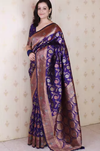 violet banarasi jaal silk blend gold zari meenakari woven saree