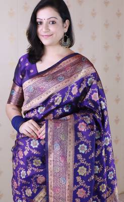 violet banarasi jaal silk blend gold zari meenakari woven saree 4