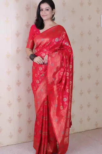 pink banarasi jaal silk blend gold zari meenakari woven saree