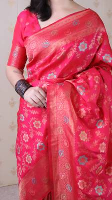 pink banarasi jaal silk blend gold zari meenakari woven saree 3