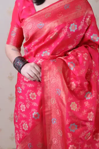 pink banarasi jaal silk blend gold zari meenakari woven saree
