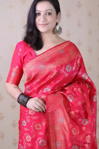 pink banarasi jaal silk blend gold zari meenakari woven saree
