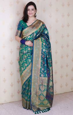 green banarasi jaal silk blend gold zari meenakari woven saree 1