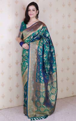 green banarasi jaal silk blend gold zari meenakari woven saree 2