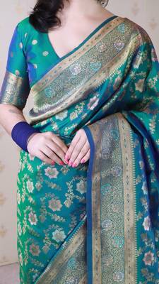 green banarasi jaal silk blend gold zari meenakari woven saree 4