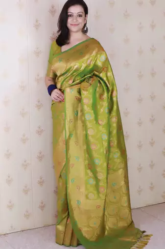 mehendi green banarasi jaal silk blend gold zari meenakari woven saree