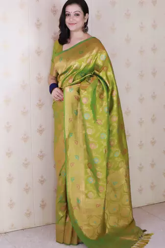 mehendi green banarasi jaal silk blend gold zari meenakari woven saree