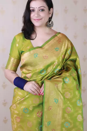 mehendi green banarasi jaal silk blend gold zari meenakari woven saree