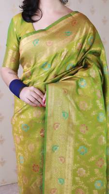 mehendi green banarasi jaal silk blend gold zari meenakari woven saree 4