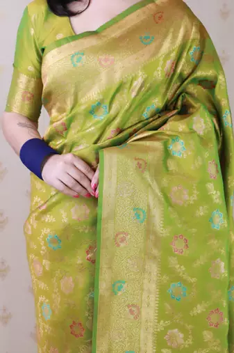 mehendi green banarasi jaal silk blend gold zari meenakari woven saree