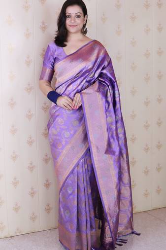 lavender banarasi jaal silk blend gold zari meenakari woven saree