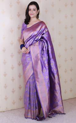 lavender banarasi jaal silk blend gold zari meenakari woven saree 2