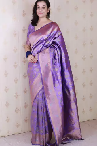 lavender banarasi jaal silk blend gold zari meenakari woven saree