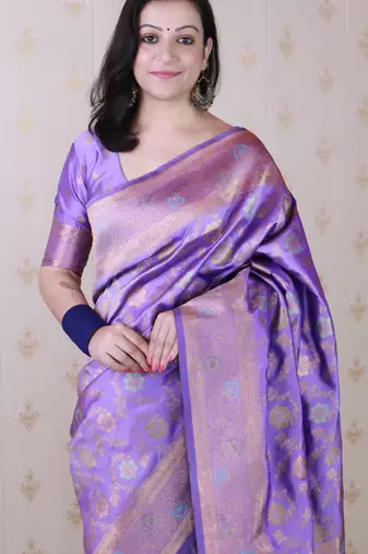 lavender banarasi jaal silk blend gold zari meenakari woven saree