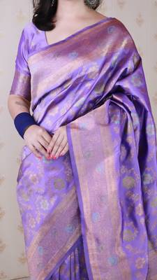 lavender banarasi jaal silk blend gold zari meenakari woven saree 4