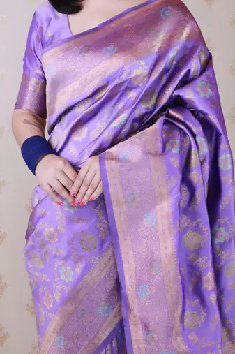 lavender banarasi jaal silk blend gold zari meenakari woven saree