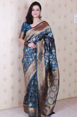 denim blue banarasi jaal silk blend gold zari meenakari woven saree 1