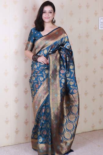 denim blue banarasi jaal silk blend gold zari meenakari woven saree