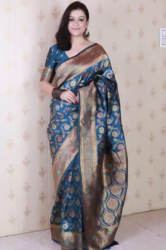 denim blue banarasi jaal silk blend gold zari meenakari woven saree
