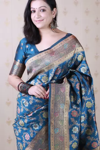 denim blue banarasi jaal silk blend gold zari meenakari woven saree