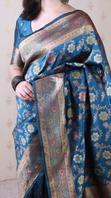 denim blue banarasi jaal silk blend gold zari meenakari woven saree 3