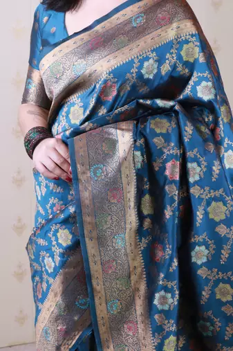 denim blue banarasi jaal silk blend gold zari meenakari woven saree